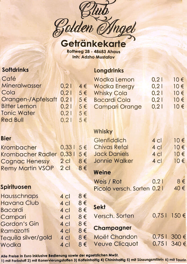 Golden-Angel-Getränkekarte